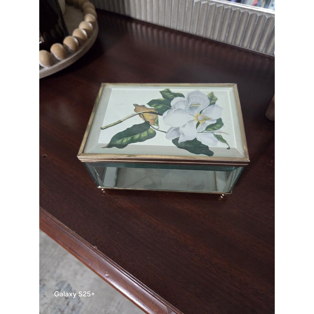 Vintage Miniature Casket Display Case Brass Glass Jewelry Trinket Ring Box